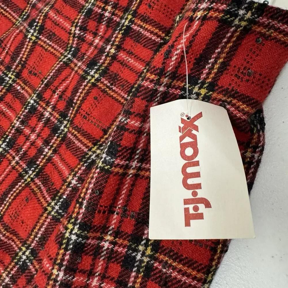 Talbots Tartan Plaid Wool Blend Skirt Women's Size 16 Petite Red Sequins Holiday